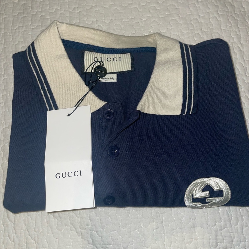 Gucci Dark Blue Polo with Cream Collar